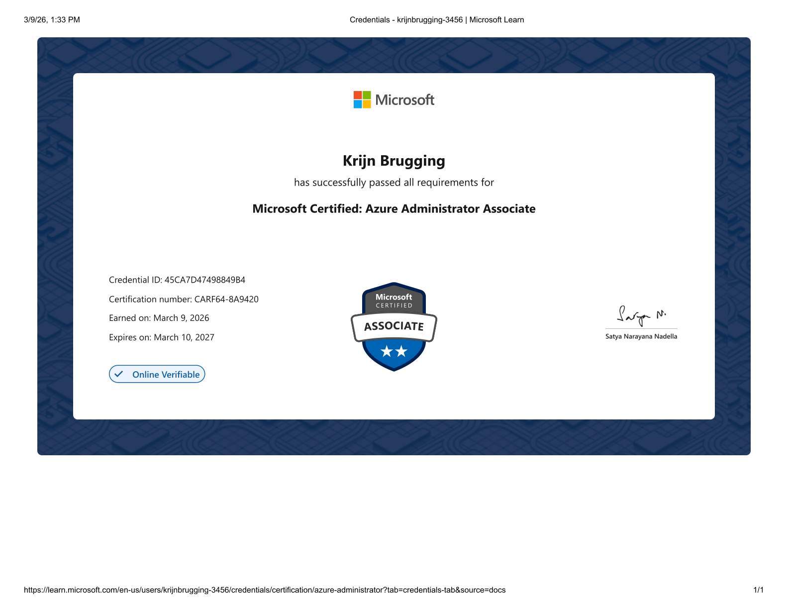 Microsoft Azure Administrator Associate certificate