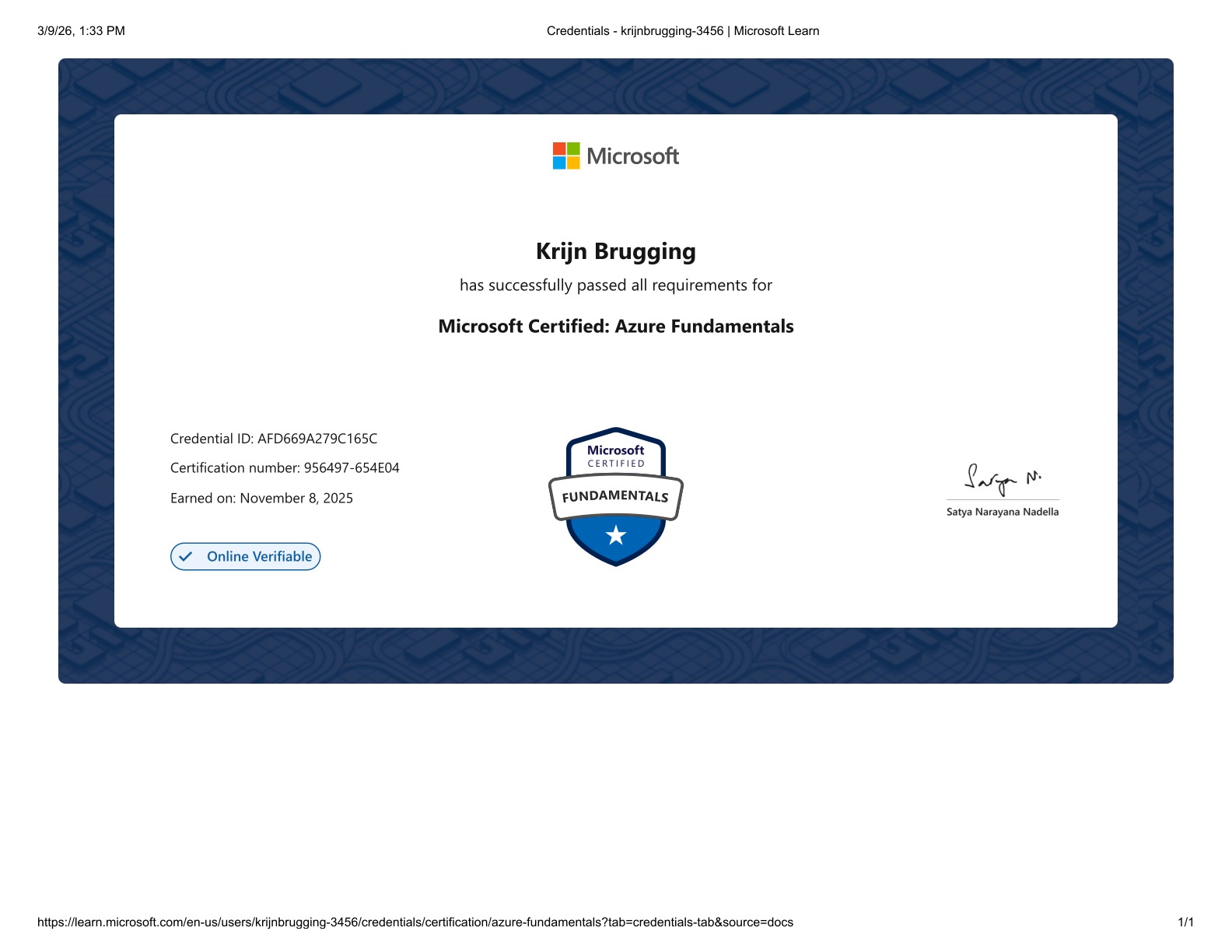 Microsoft Azure Fundamentals certificate
