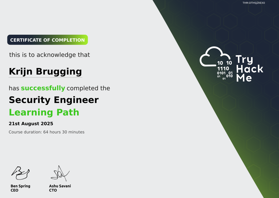 TryHackMe Security Engineer certificate